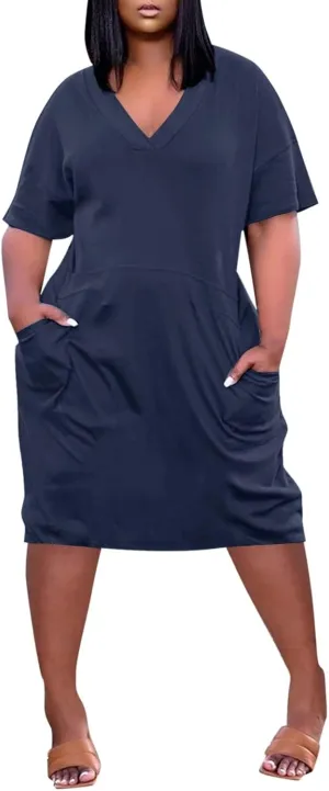 Plus Size Dresses for Curvy Women Spring V Neck Short Sleeve Casual Summer Dress Loose Beach Midi Dress with Pockets