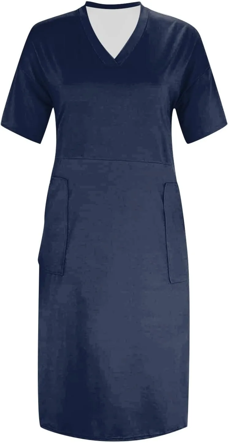 Plus Size Dresses for Curvy Women Spring V Neck Short Sleeve Casual Summer Dress Loose Beach Midi Dress with Pockets