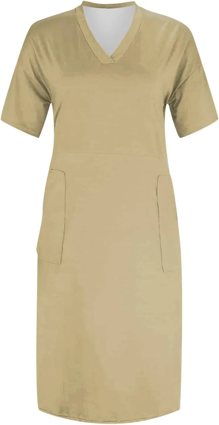 Plus Size Dresses for Curvy Women Spring V Neck Short Sleeve Casual Summer Dress Loose Beach Midi Dress with Pockets