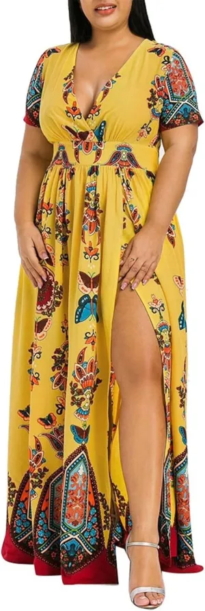 Plus Size Dresses for Curvy Women,2024 Spring Summer Elegant Wrap V Neck Bodycon Maxi Dress,Trendy Vintage Floral Print Short Sleeve Boho Dress,Flowy Ruched High Slit Beach Dress(D-Yellow,2XL)