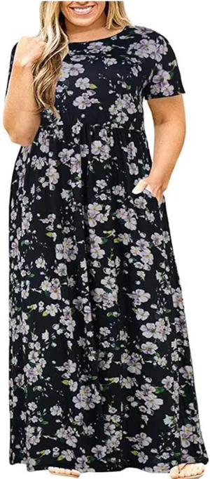 Plus Size Dresses for Women Funny Floral Printed Short Sleeve Casual Maxi Dress Round Neck Pleated Vacation Dresses