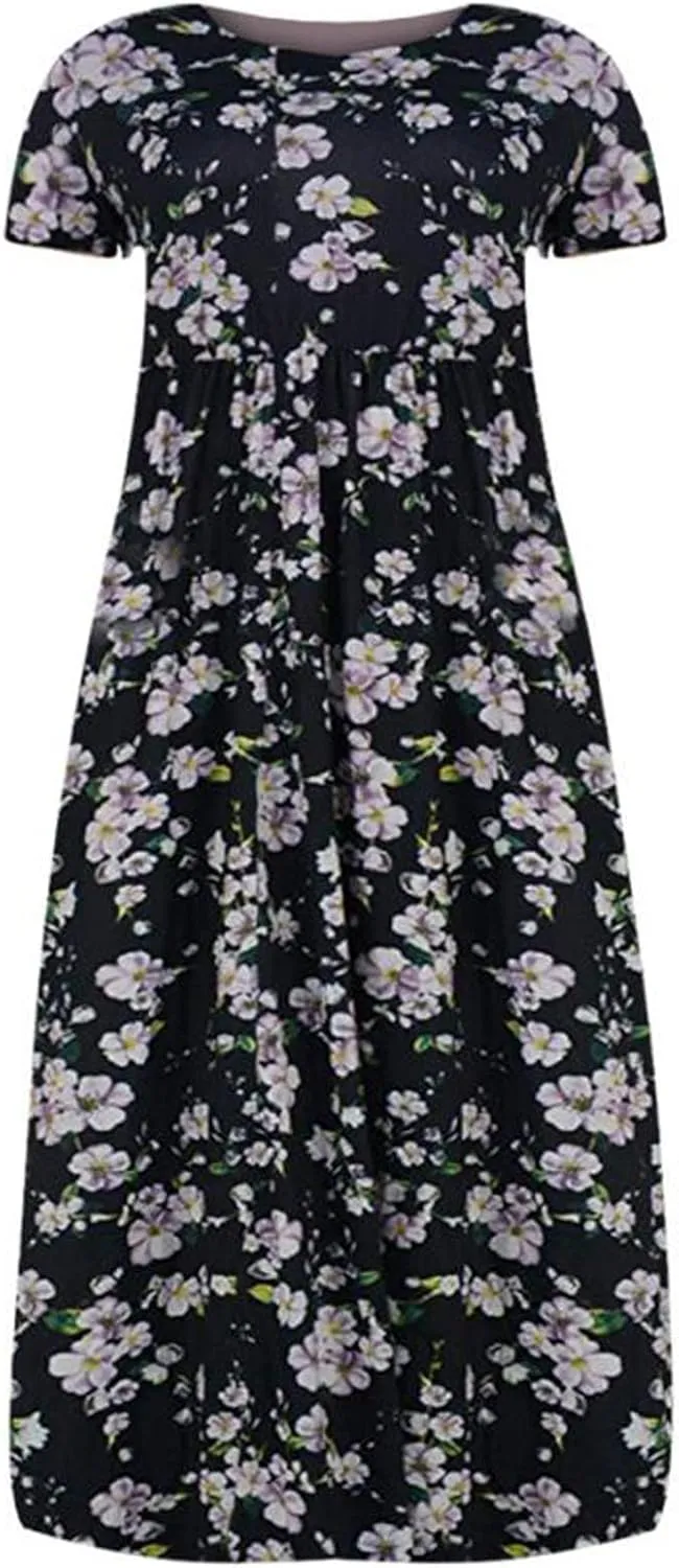 Plus Size Dresses for Women Funny Floral Printed Short Sleeve Casual Maxi Dress Round Neck Pleated Vacation Dresses
