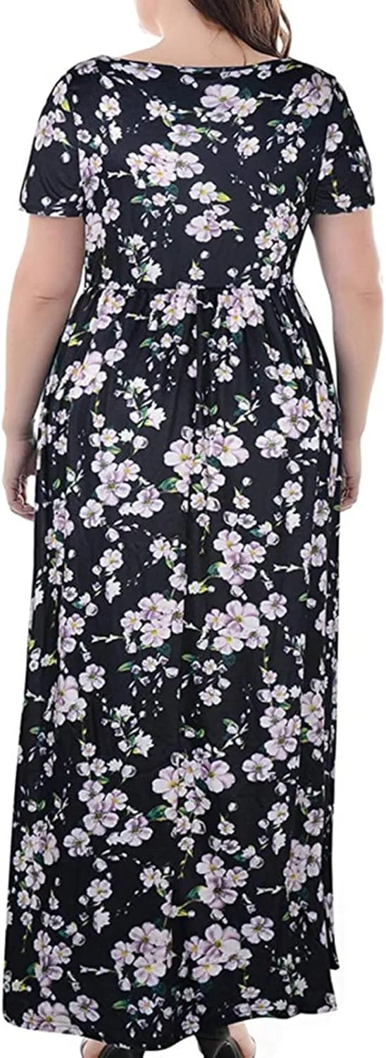 Plus Size Dresses for Women Funny Floral Printed Short Sleeve Casual Maxi Dress Round Neck Pleated Vacation Dresses