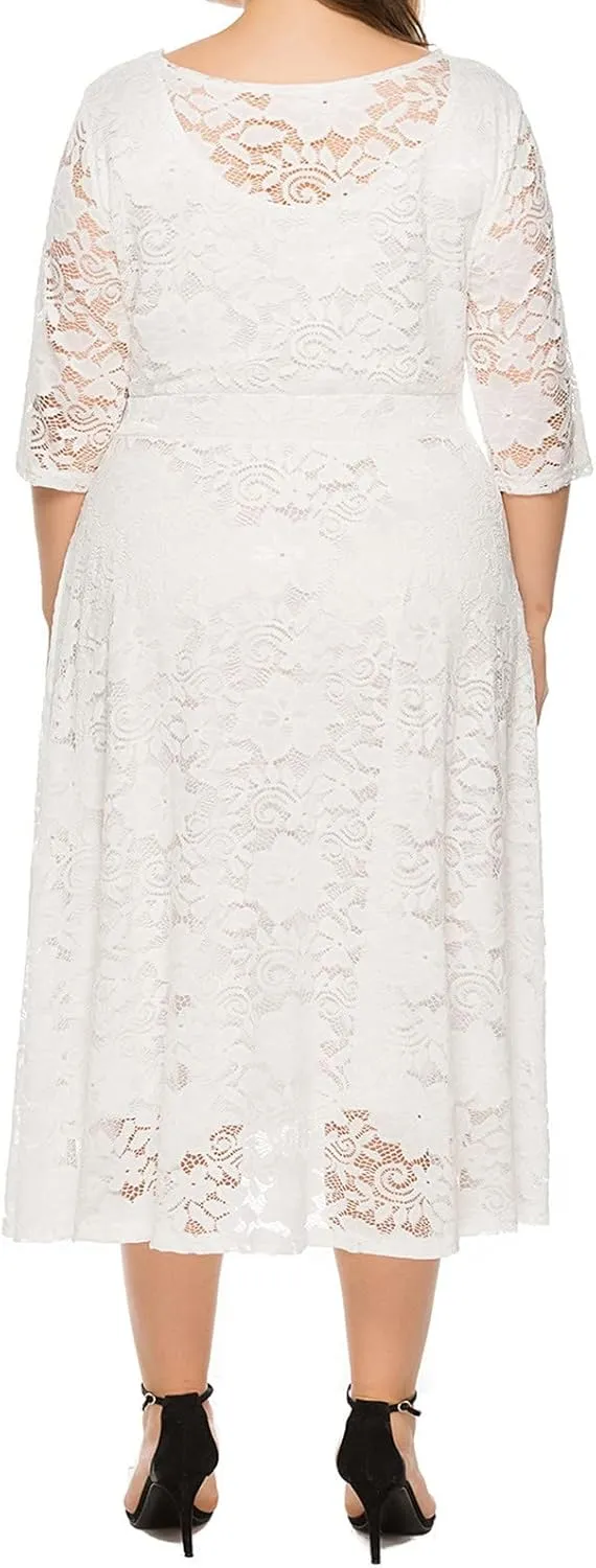 Plus Size Dresses for Women Lace Hollow Out Long Sleeve Flowy Dress with Pocket Elastic Waist Wedding Guest Long Gown