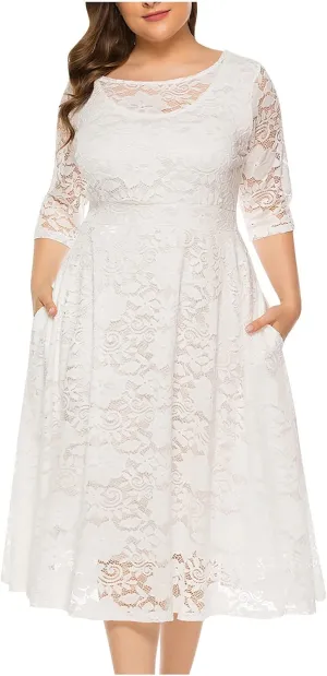 Plus Size Dresses for Women Lace Hollow Out Long Sleeve Flowy Dress with Pocket Elastic Waist Wedding Guest Long Gown