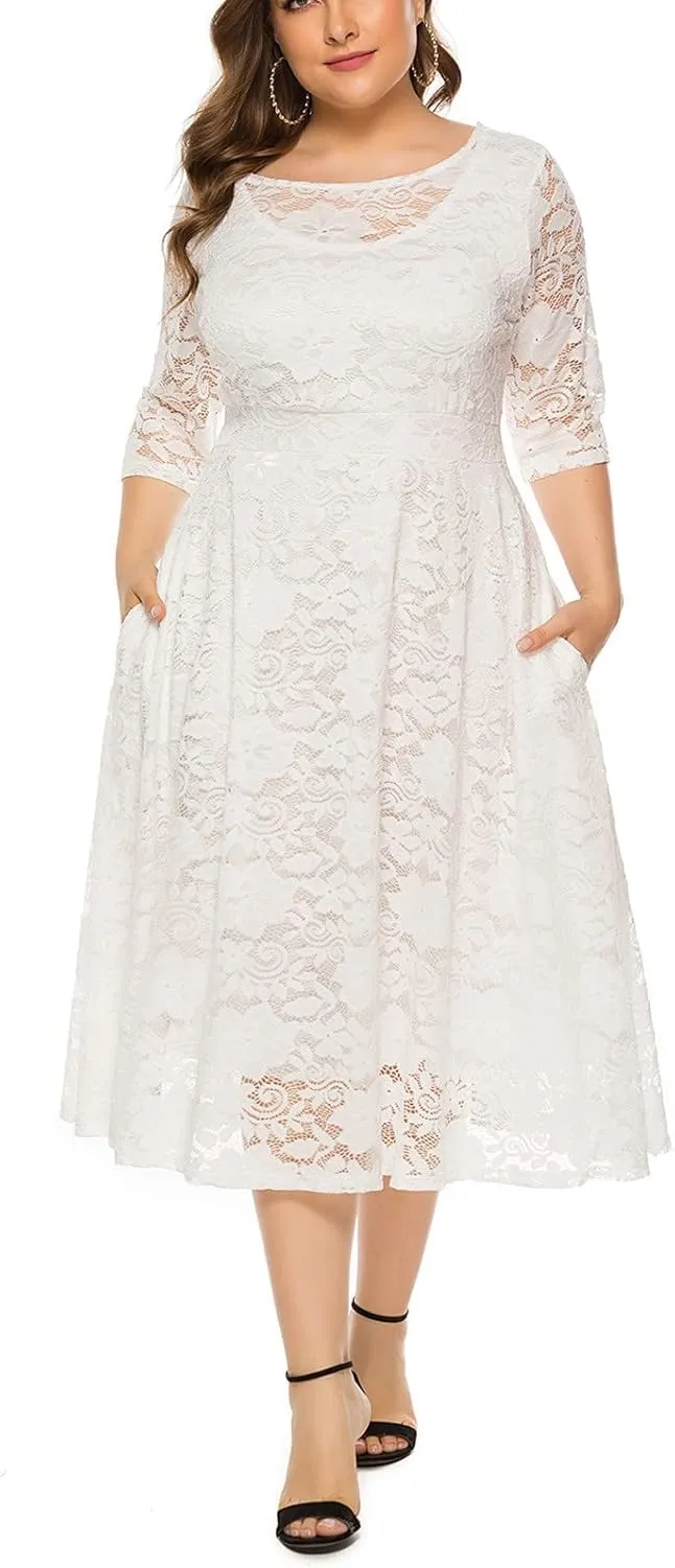 Plus Size Dresses for Women Lace Hollow Out Long Sleeve Flowy Dress with Pocket Elastic Waist Wedding Guest Long Gown