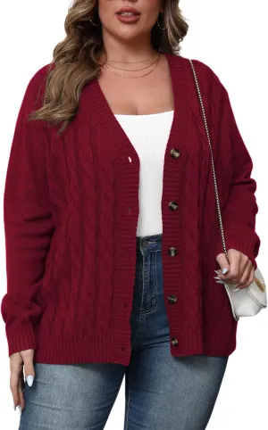POSESHE Women's Plus Size Open Front Cardigan Sweaters Fashion Button Down Cable Knit Chunky Outwear Coats
