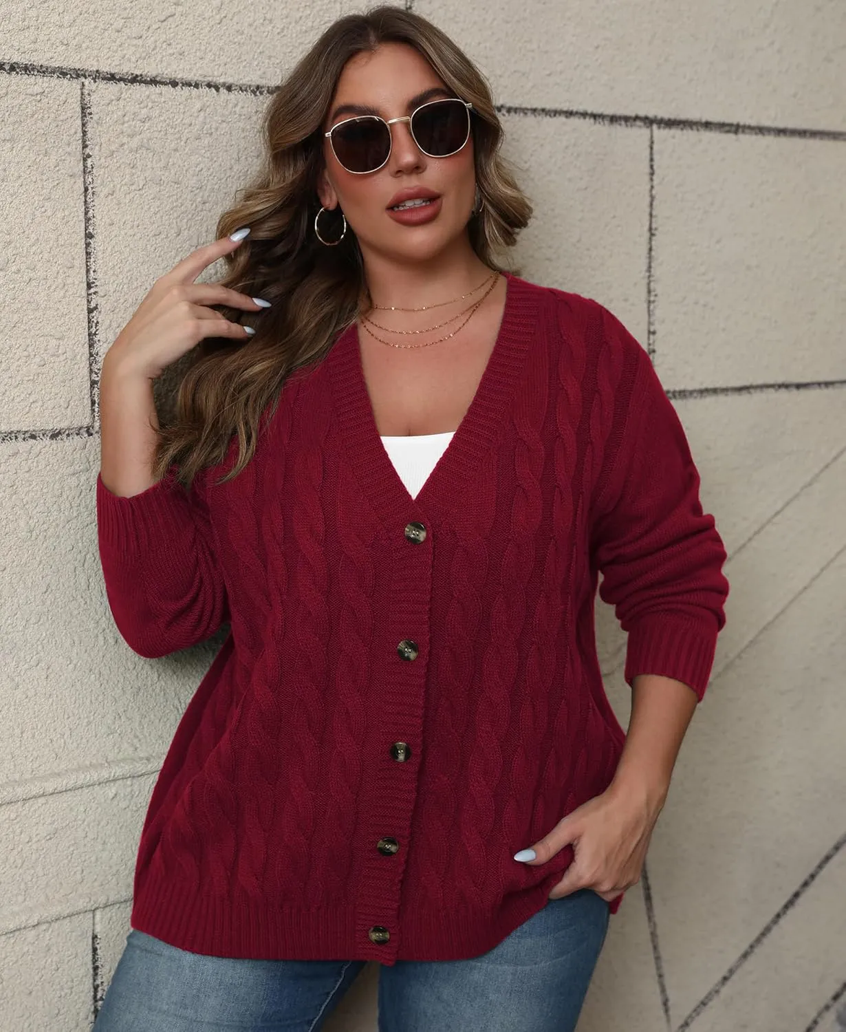 POSESHE Women's Plus Size Open Front Cardigan Sweaters Fashion Button Down Cable Knit Chunky Outwear Coats