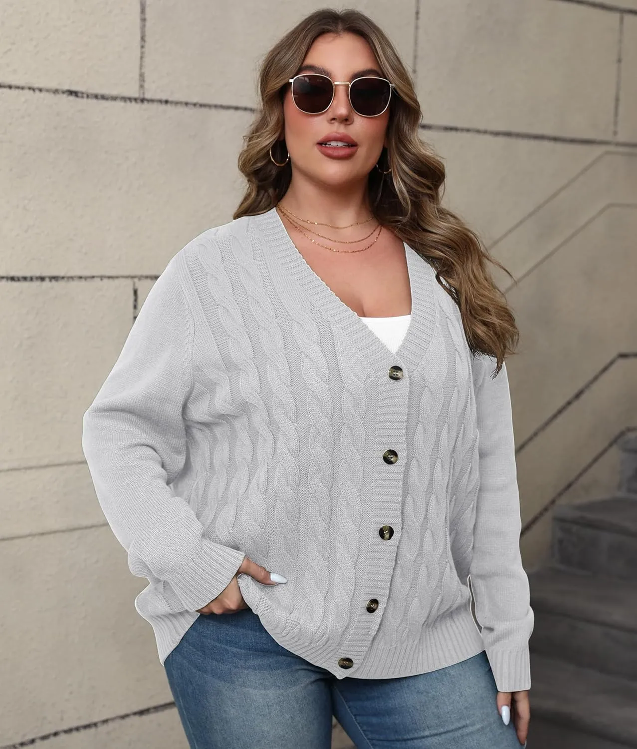 POSESHE Women's Plus Size Open Front Cardigan Sweaters Fashion Button Down Cable Knit Chunky Outwear Coats