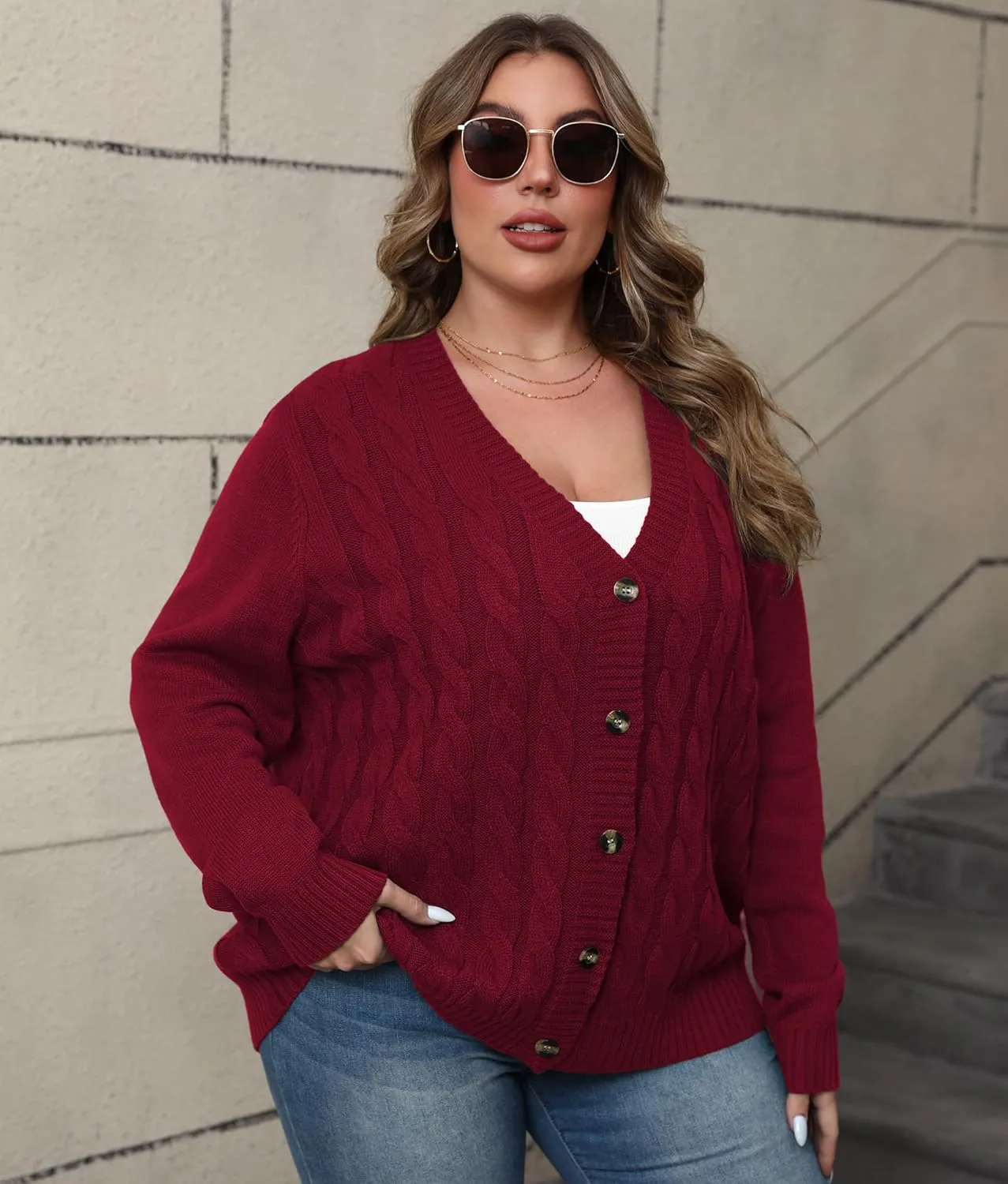 POSESHE Women's Plus Size Open Front Cardigan Sweaters Fashion Button Down Cable Knit Chunky Outwear Coats