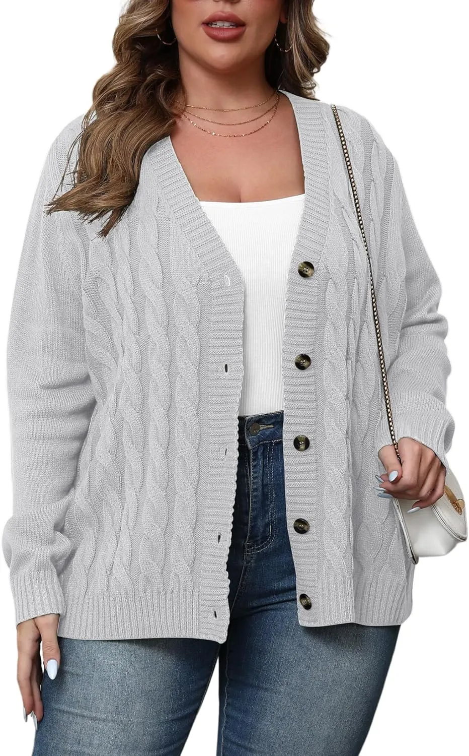 POSESHE Women's Plus Size Open Front Cardigan Sweaters Fashion Button Down Cable Knit Chunky Outwear Coats