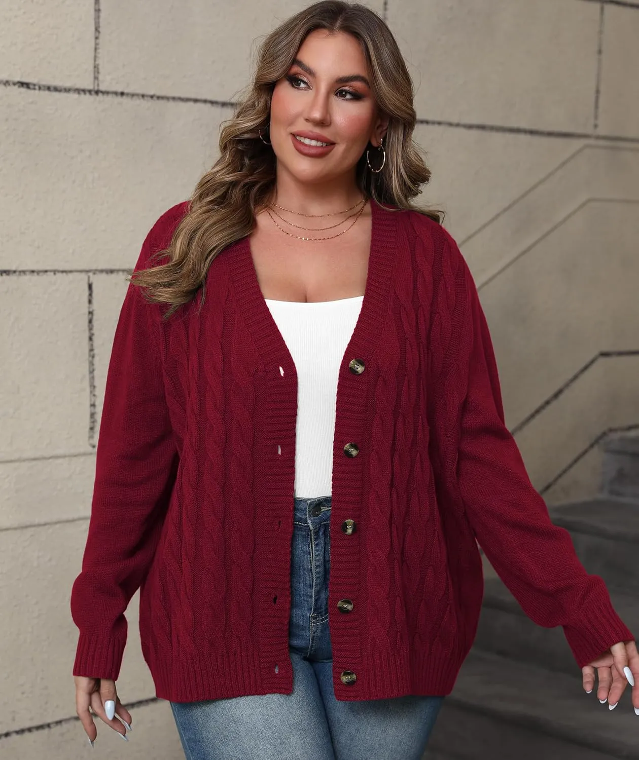 POSESHE Women's Plus Size Open Front Cardigan Sweaters Fashion Button Down Cable Knit Chunky Outwear Coats