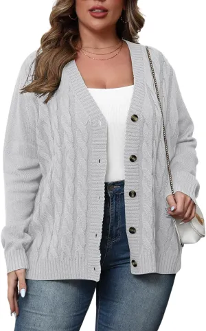 POSESHE Women's Plus Size Open Front Cardigan Sweaters Fashion Button Down Cable Knit Chunky Outwear Coats