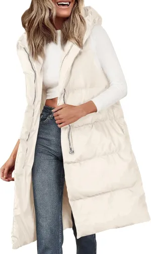 PRETTYGARDEN Womens Long Puffer Vest Fall Winter Trendy Zip Up Sleeveless Coat Down Jacket Quilted Hooded Warm Outerwear