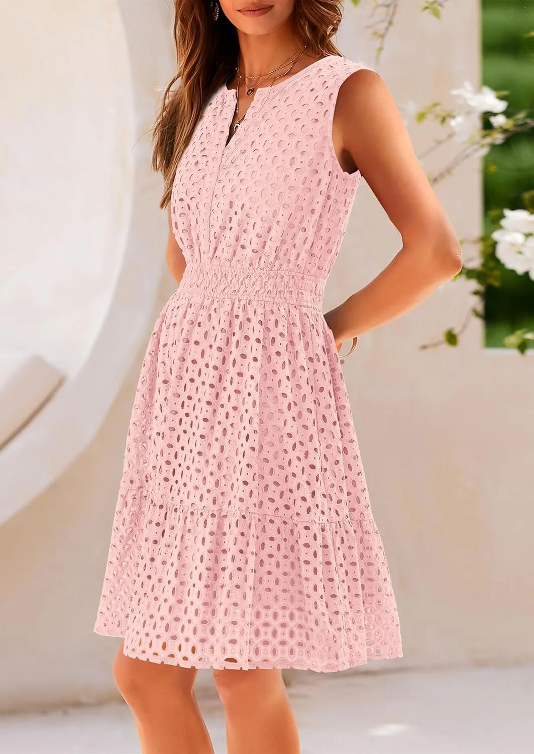 PRETTYGARDEN Women's Summer Dresses 2025 Sleeveless V Neck Eyelet Hollow Out Swing A Line Beach Vacation Sun Dress