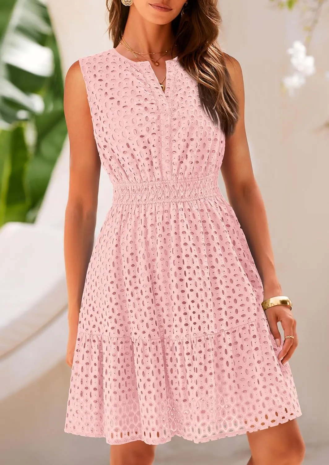 PRETTYGARDEN Women's Summer Dresses 2025 Sleeveless V Neck Eyelet Hollow Out Swing A Line Beach Vacation Sun Dress