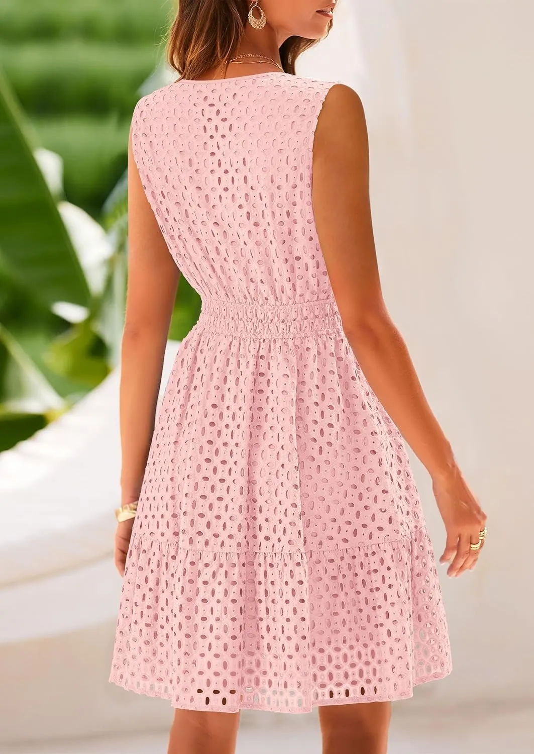 PRETTYGARDEN Women's Summer Dresses 2025 Sleeveless V Neck Eyelet Hollow Out Swing A Line Beach Vacation Sun Dress