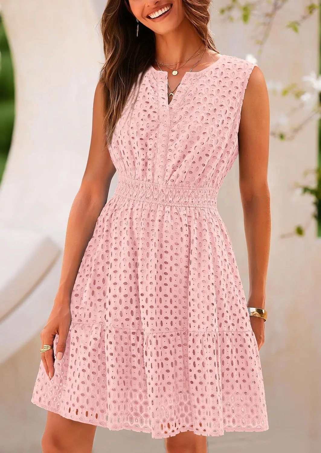 PRETTYGARDEN Women's Summer Dresses 2025 Sleeveless V Neck Eyelet Hollow Out Swing A Line Beach Vacation Sun Dress