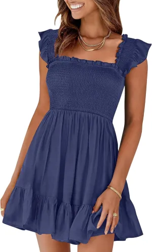 Prinbara Womens Summer Casual Square Neck Smocked Short Sundress 2025 Spring Beach Vacation Flowy Cute Teen Boho Dresses