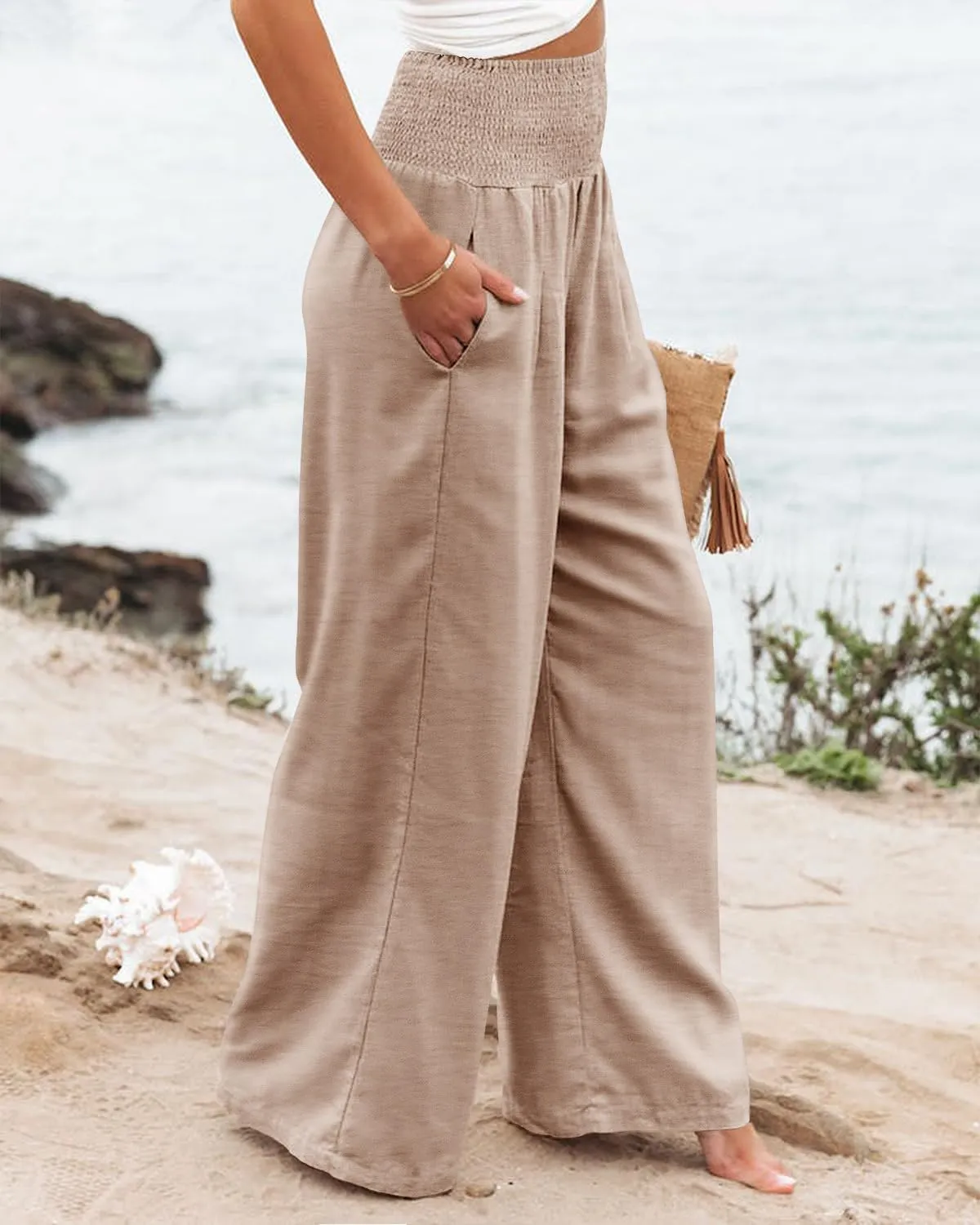 PrinStory Womens Summer Mix Cotton Linen Palazzo Pants High Waisted Wide Leg Long Lounge Trousers with Pocket