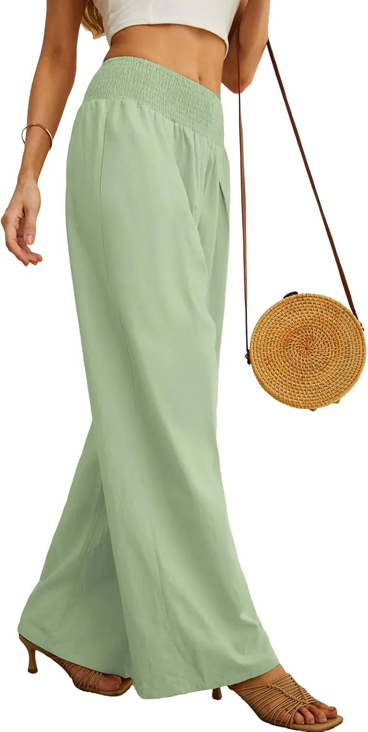PrinStory Womens Summer Mix Cotton Linen Palazzo Pants High Waisted Wide Leg Long Lounge Trousers with Pocket