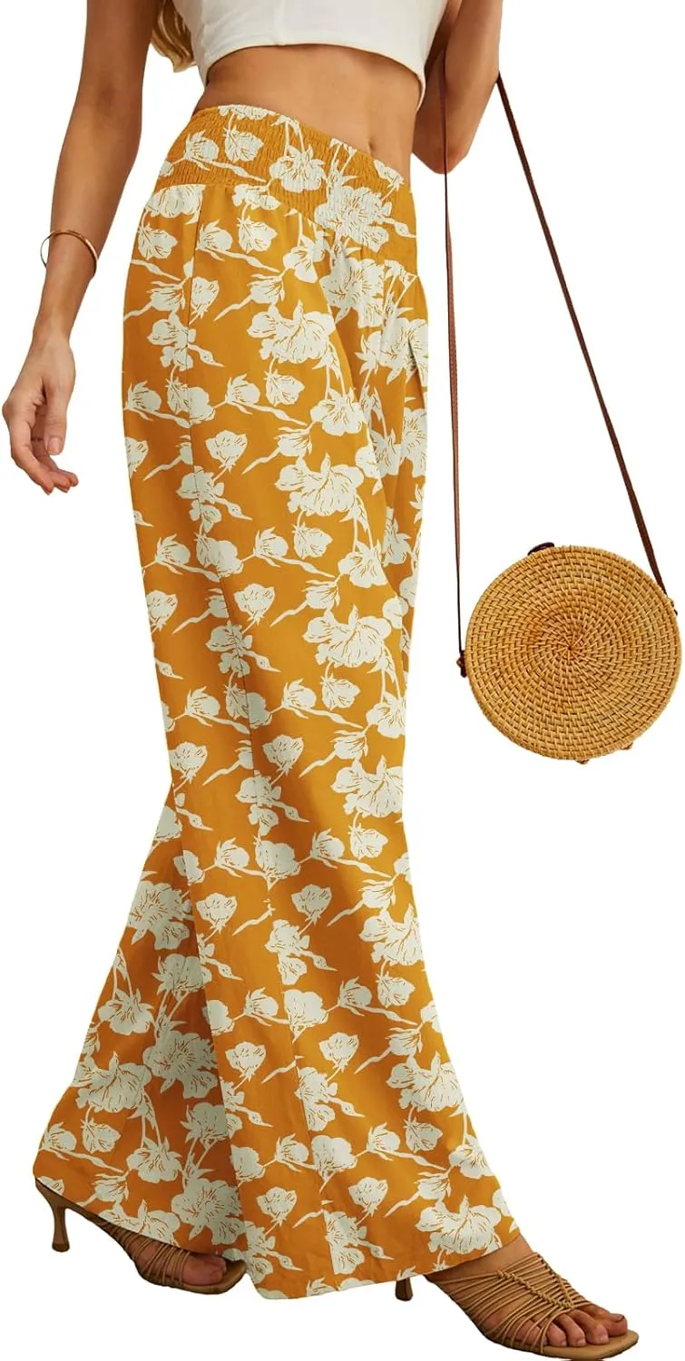 PrinStory Womens Summer Mix Cotton Linen Palazzo Pants High Waisted Wide Leg Long Lounge Trousers with Pocket