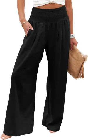 PrinStory Womens Summer Mix Cotton Linen Palazzo Pants High Waisted Wide Leg Long Lounge Trousers with Pocket