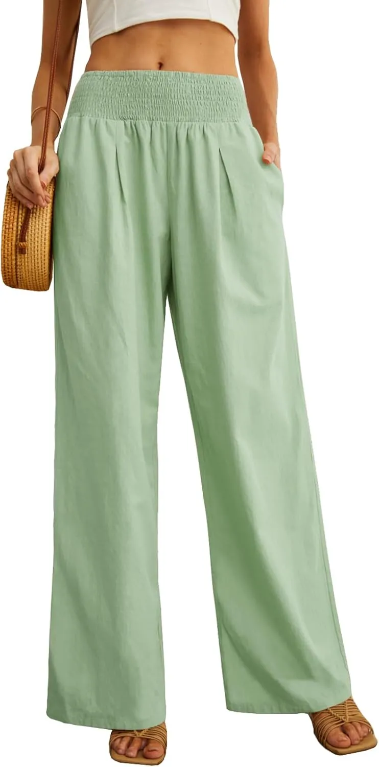 PrinStory Womens Summer Mix Cotton Linen Palazzo Pants High Waisted Wide Leg Long Lounge Trousers with Pocket