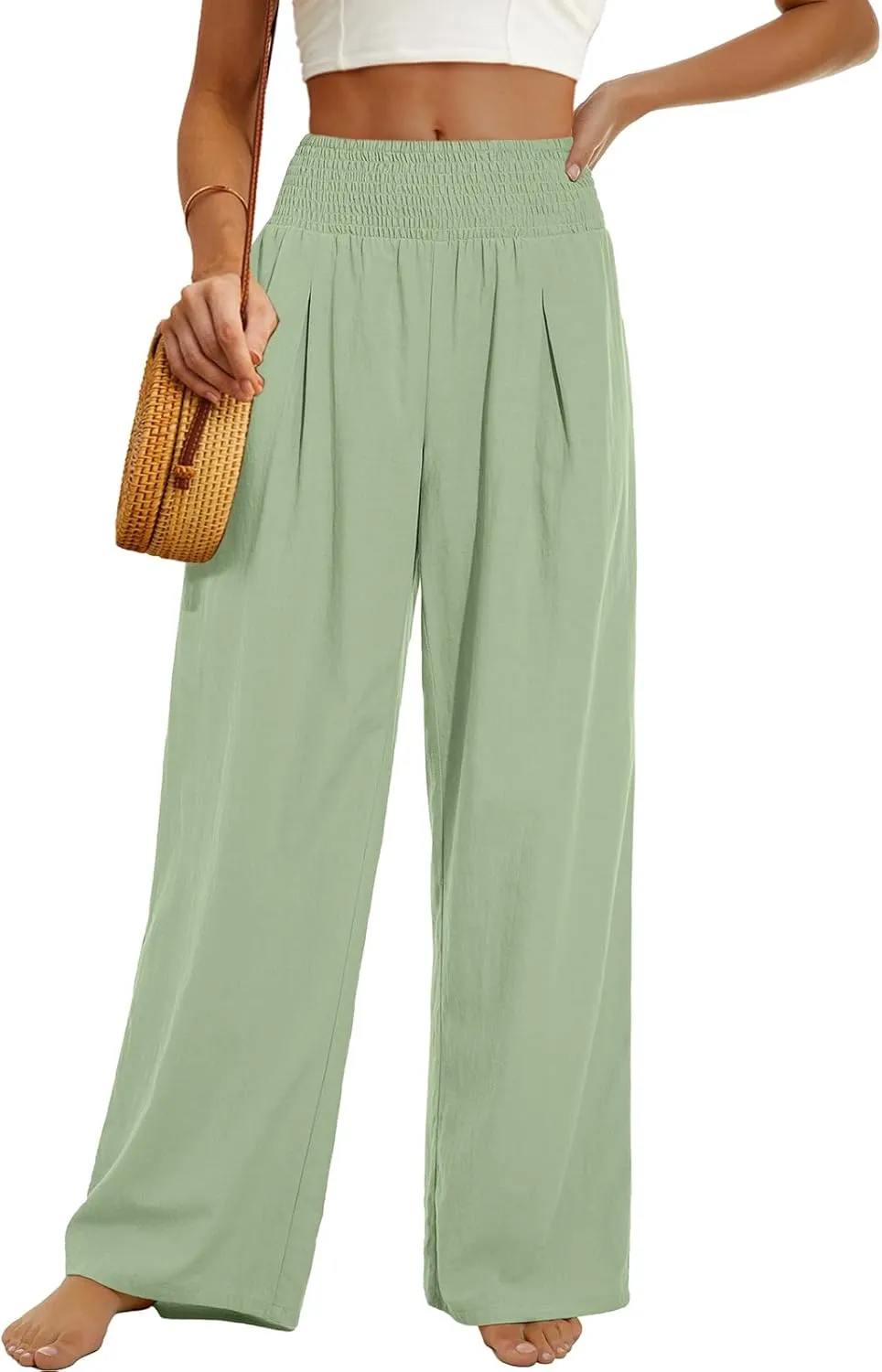 PrinStory Womens Summer Mix Cotton Linen Palazzo Pants High Waisted Wide Leg Long Lounge Trousers with Pocket