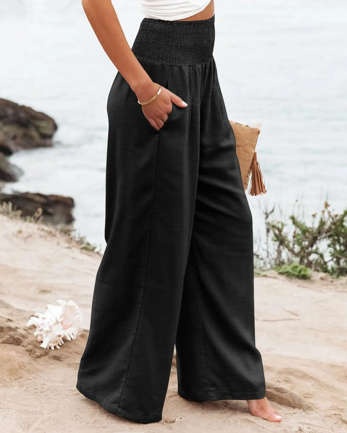 PrinStory Womens Summer Mix Cotton Linen Palazzo Pants High Waisted Wide Leg Long Lounge Trousers with Pocket