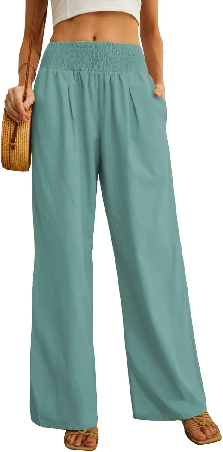 PrinStory Womens Summer Mix Cotton Linen Palazzo Pants High Waisted Wide Leg Long Lounge Trousers with Pocket