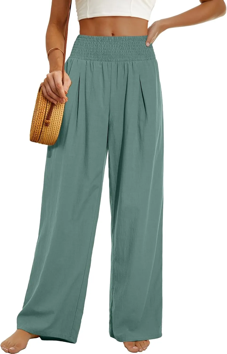 PrinStory Womens Summer Mix Cotton Linen Palazzo Pants High Waisted Wide Leg Long Lounge Trousers with Pocket