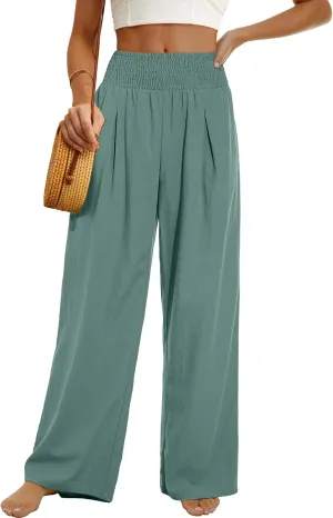 PrinStory Womens Summer Mix Cotton Linen Palazzo Pants High Waisted Wide Leg Long Lounge Trousers with Pocket