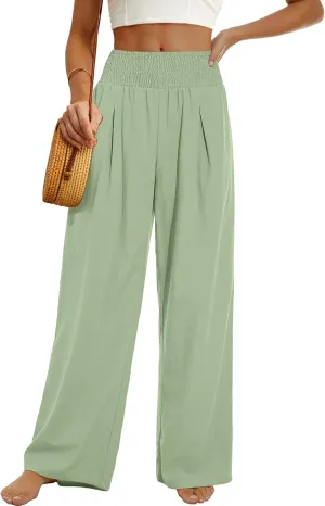 PrinStory Womens Summer Mix Cotton Linen Palazzo Pants High Waisted Wide Leg Long Lounge Trousers with Pocket