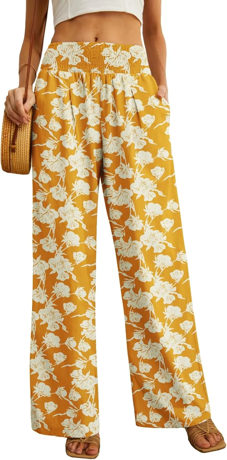PrinStory Womens Summer Mix Cotton Linen Palazzo Pants High Waisted Wide Leg Long Lounge Trousers with Pocket