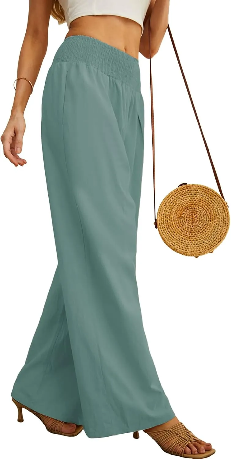 PrinStory Womens Summer Mix Cotton Linen Palazzo Pants High Waisted Wide Leg Long Lounge Trousers with Pocket