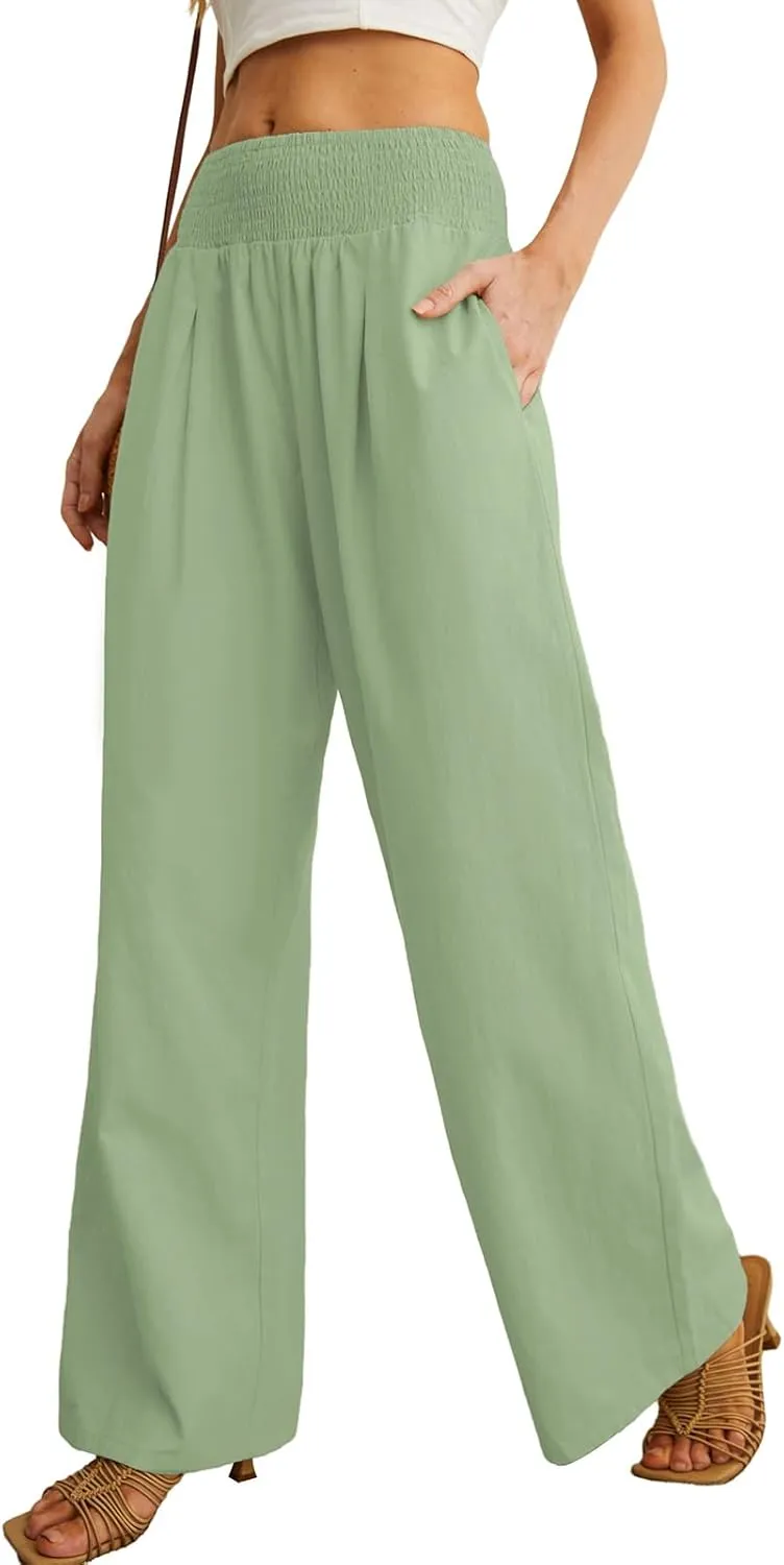 PrinStory Womens Summer Mix Cotton Linen Palazzo Pants High Waisted Wide Leg Long Lounge Trousers with Pocket