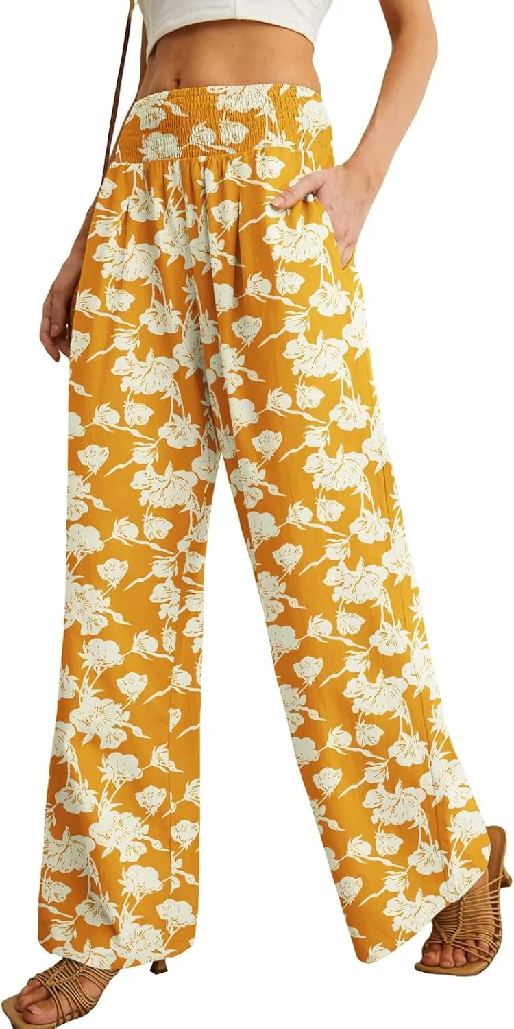 PrinStory Womens Summer Mix Cotton Linen Palazzo Pants High Waisted Wide Leg Long Lounge Trousers with Pocket