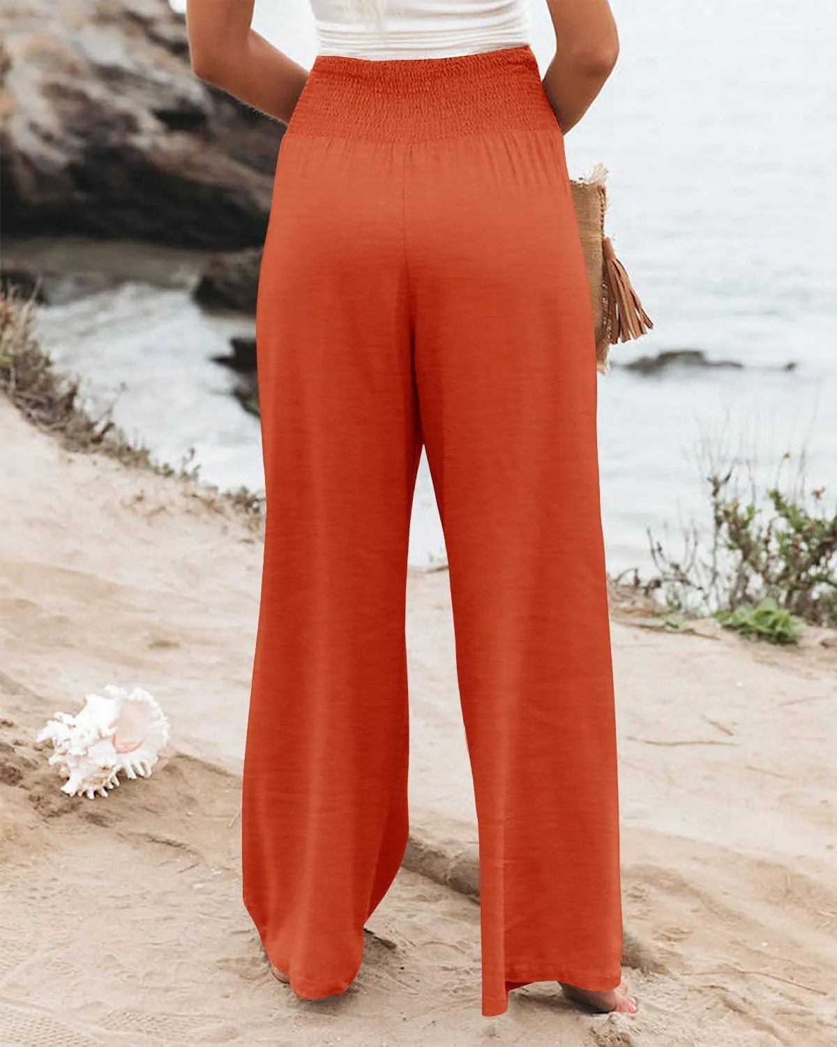 PrinStory Womens Summer Mix Cotton Linen Palazzo Pants High Waisted Wide Leg Long Lounge Trousers with Pocket