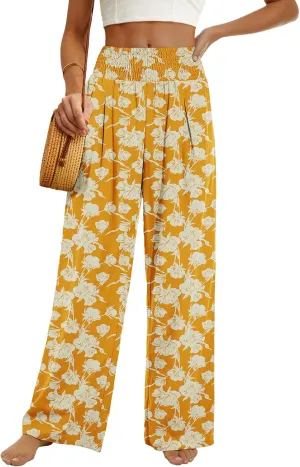 PrinStory Womens Summer Mix Cotton Linen Palazzo Pants High Waisted Wide Leg Long Lounge Trousers with Pocket