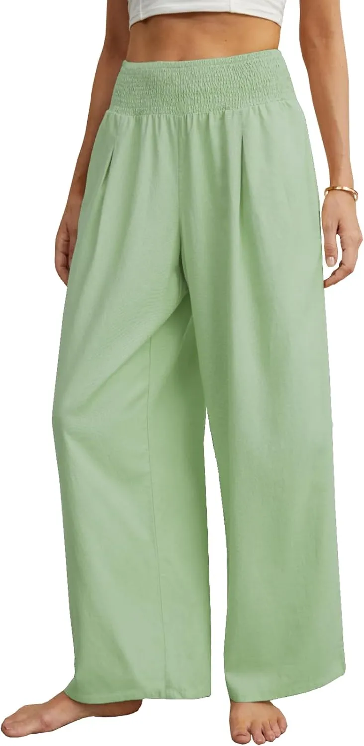 PrinStory Womens Summer Mix Cotton Linen Palazzo Pants High Waisted Wide Leg Long Lounge Trousers with Pocket