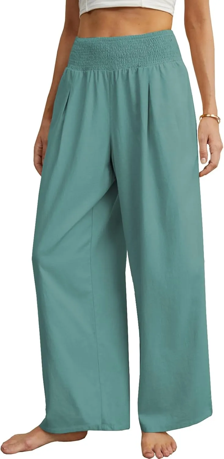 PrinStory Womens Summer Mix Cotton Linen Palazzo Pants High Waisted Wide Leg Long Lounge Trousers with Pocket