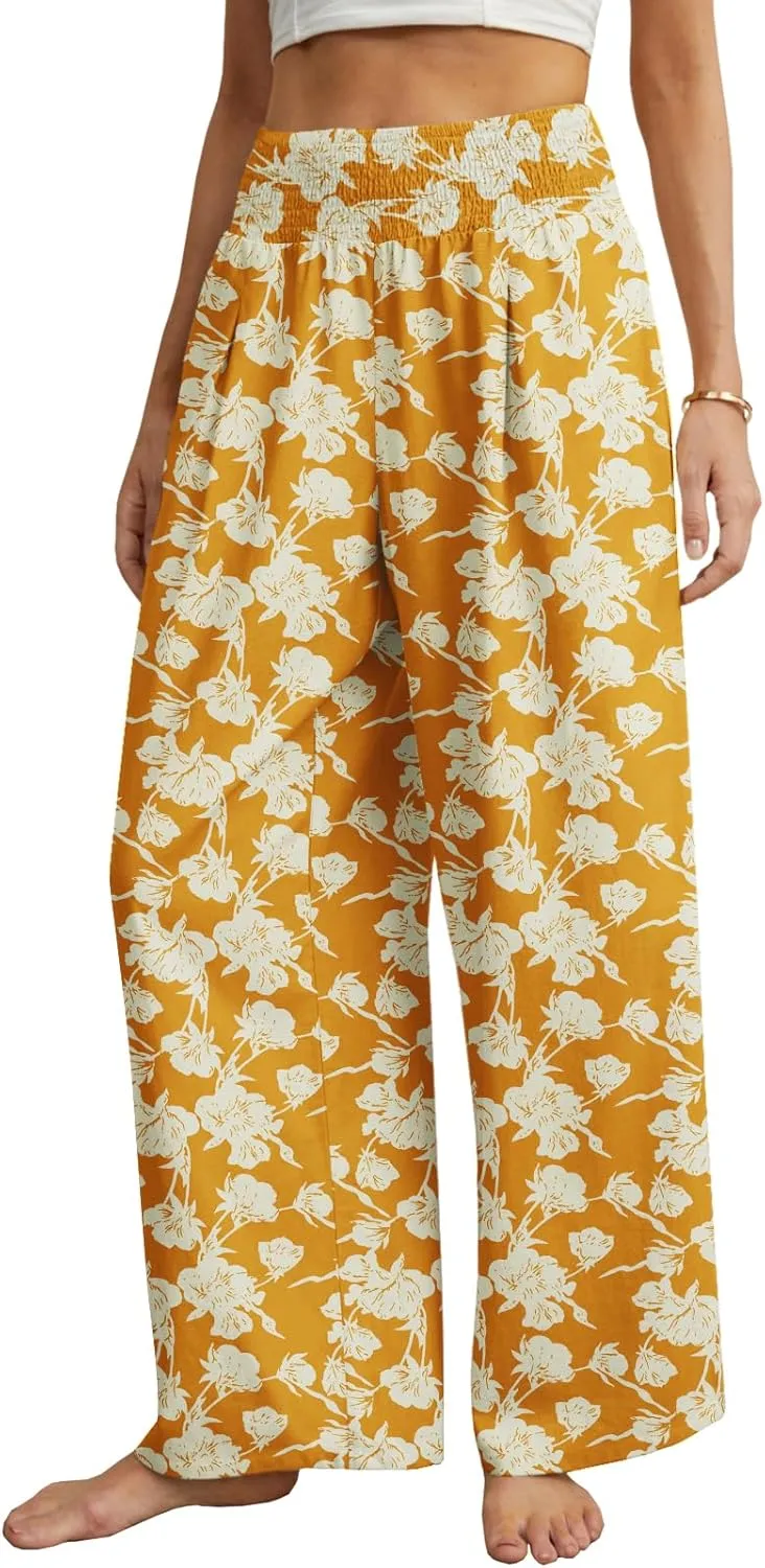 PrinStory Womens Summer Mix Cotton Linen Palazzo Pants High Waisted Wide Leg Long Lounge Trousers with Pocket