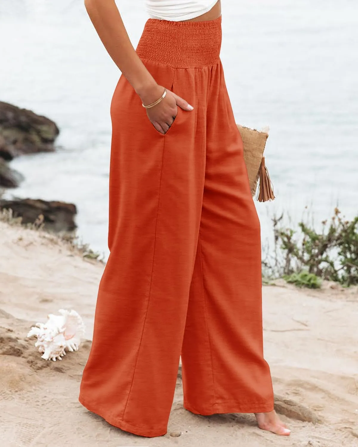 PrinStory Womens Summer Mix Cotton Linen Palazzo Pants High Waisted Wide Leg Long Lounge Trousers with Pocket