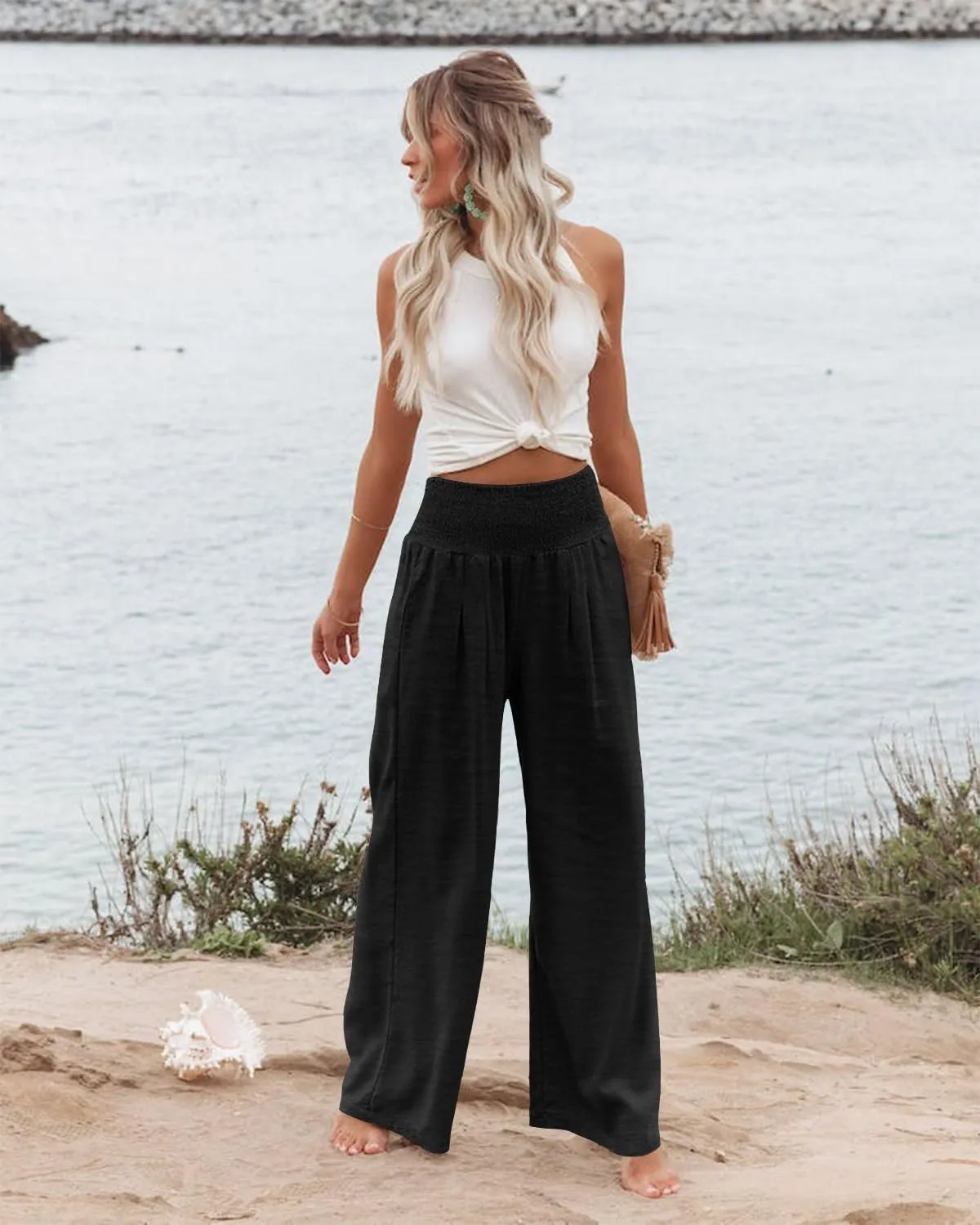 PrinStory Womens Summer Mix Cotton Linen Palazzo Pants High Waisted Wide Leg Long Lounge Trousers with Pocket
