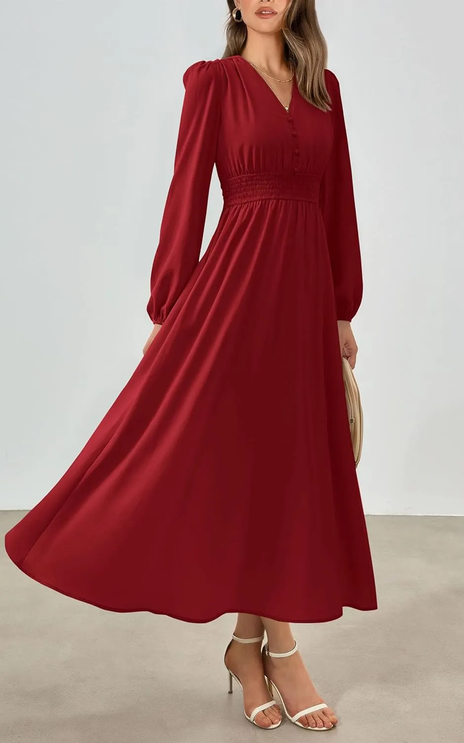 PRTTYGARDEN Womens Long Sleeve Maxi Dress 2025 Spring Trendy Elegant V Neck Flowy Wedding Guest Holiday Formal Long Dresses