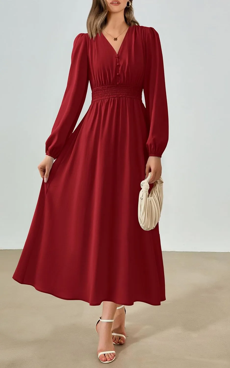 PRTTYGARDEN Womens Long Sleeve Maxi Dress 2025 Spring Trendy Elegant V Neck Flowy Wedding Guest Holiday Formal Long Dresses