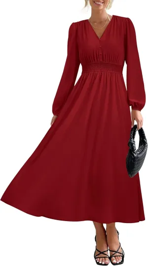 PRTTYGARDEN Womens Long Sleeve Maxi Dress 2025 Spring Trendy Elegant V Neck Flowy Wedding Guest Holiday Formal Long Dresses