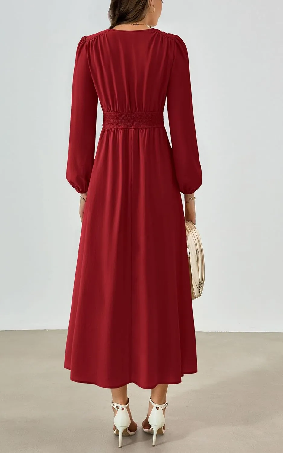 PRTTYGARDEN Womens Long Sleeve Maxi Dress 2025 Spring Trendy Elegant V Neck Flowy Wedding Guest Holiday Formal Long Dresses