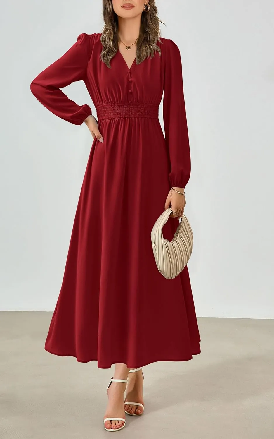 PRTTYGARDEN Womens Long Sleeve Maxi Dress 2025 Spring Trendy Elegant V Neck Flowy Wedding Guest Holiday Formal Long Dresses